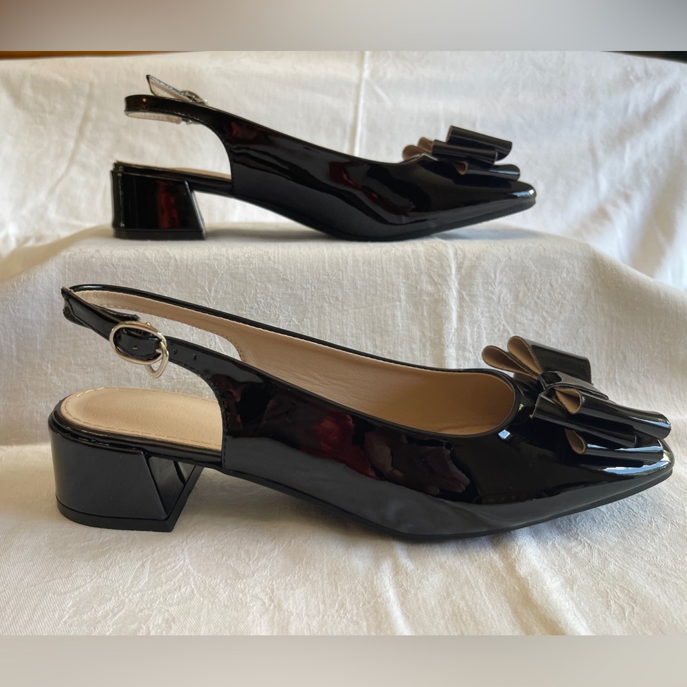NIB Women’s Dress Shoes 11.5 Black Faux Patent Leather Slingback Block Heel Pump